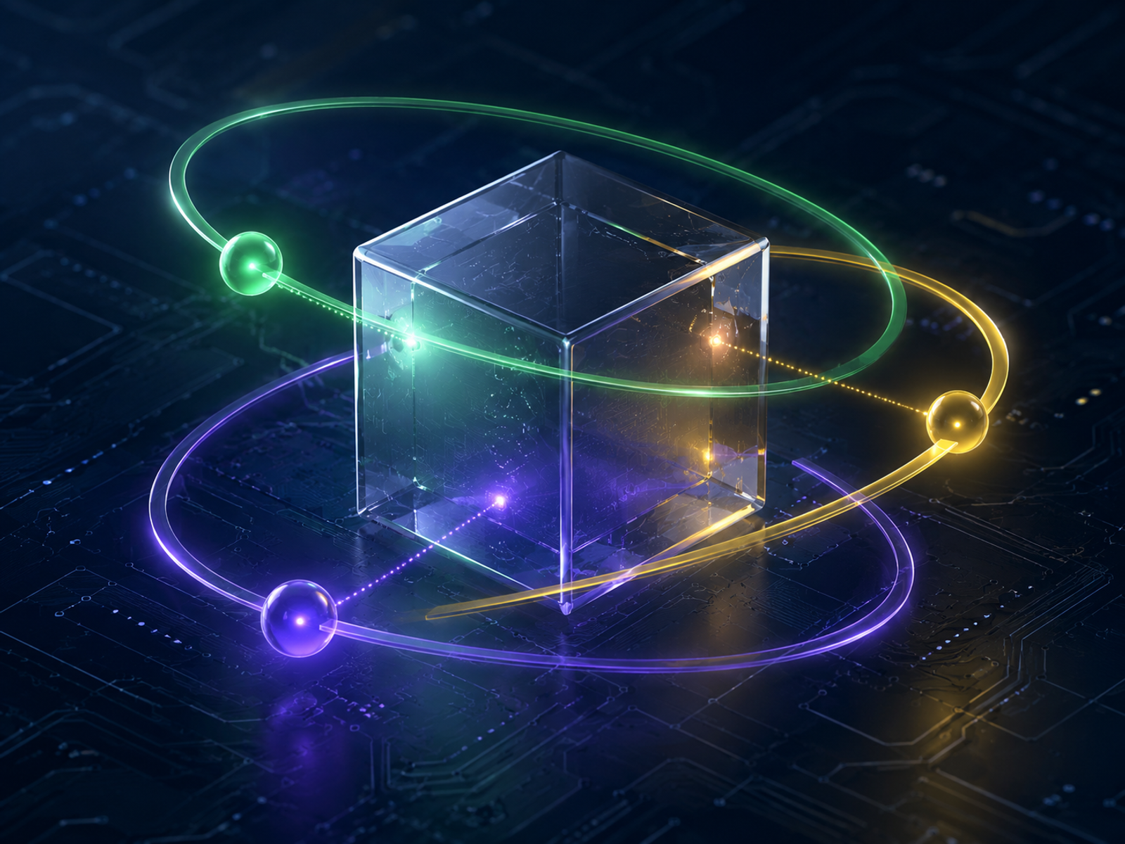 EAMForge: ТОиР — куб с орбитальными кольцами на фоне электронной платы