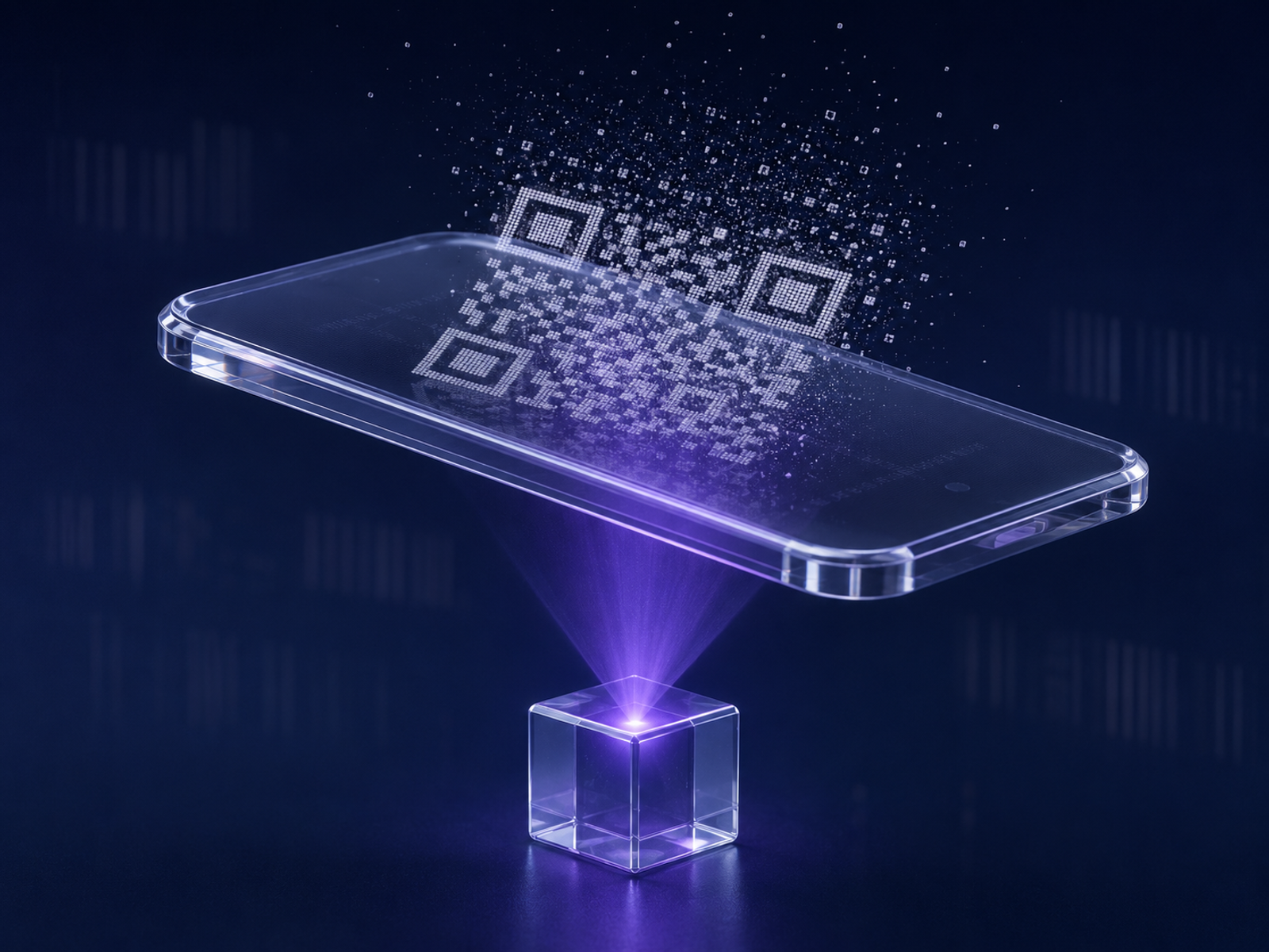 EAMForge: QR и мобильный учёт — сканирование QR-кода со смартфона на стеклянном кубе